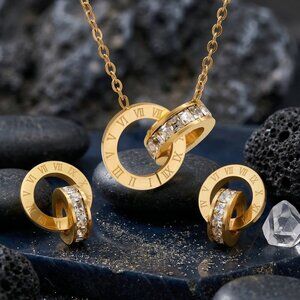 18K Gold Plated Stainless Steel Princess Cut CZ Roman Numeral Interlocking Set